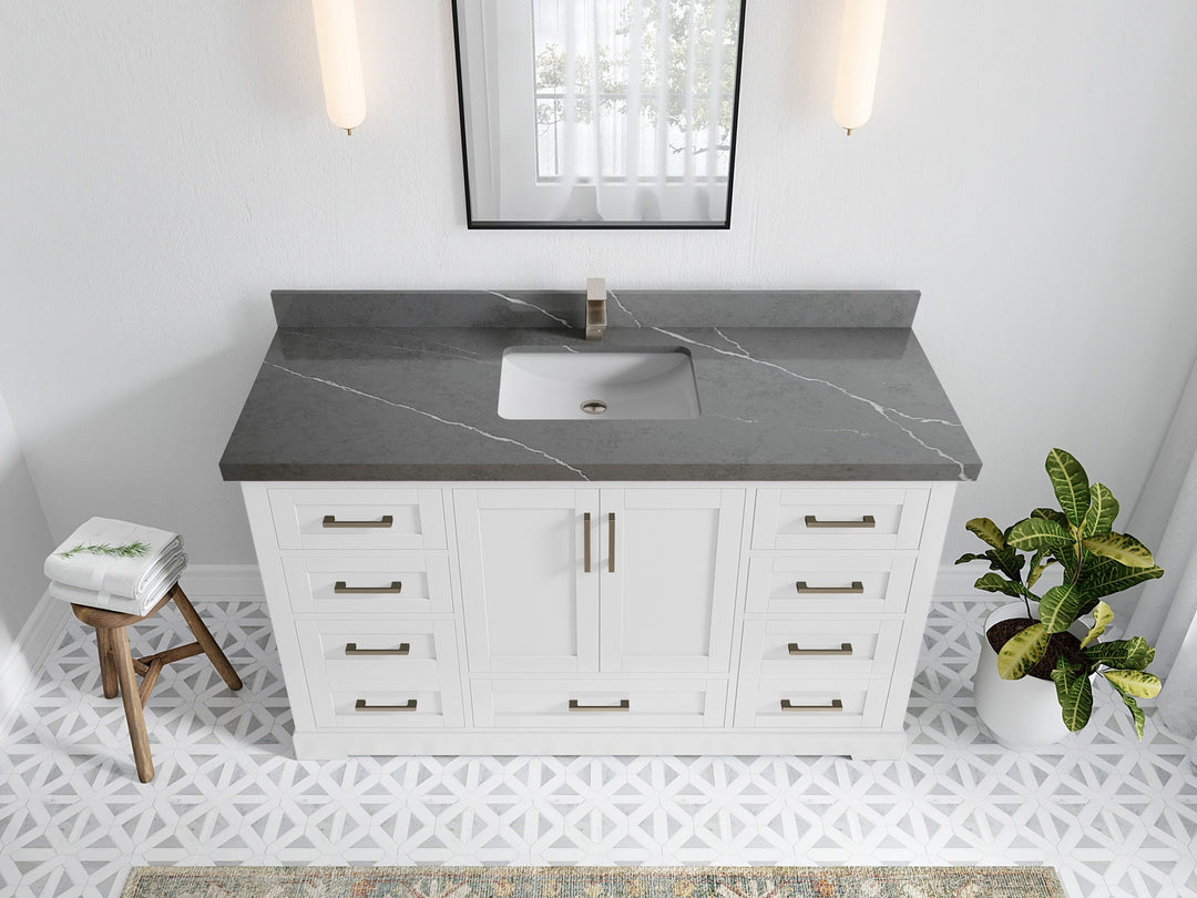 Boston 60 in. W x 22 in. D Single Sink Bathroom Vanity in White with 2 in Piatra Gray Quartz Countertop - Top View
