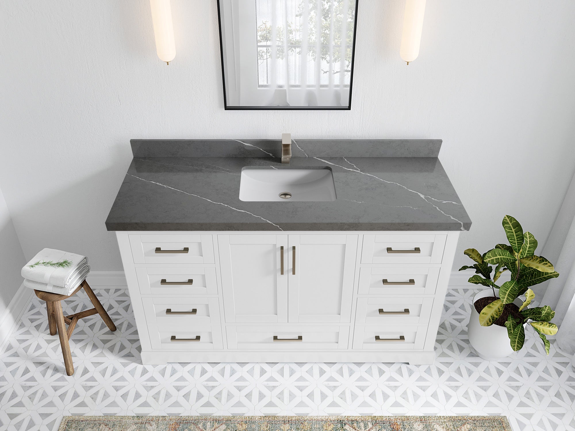 Boston 60 in. W x 22 in. D Single Sink Bathroom Vanity in White with 2 in Piatra Gray Quartz Countertop - Top View