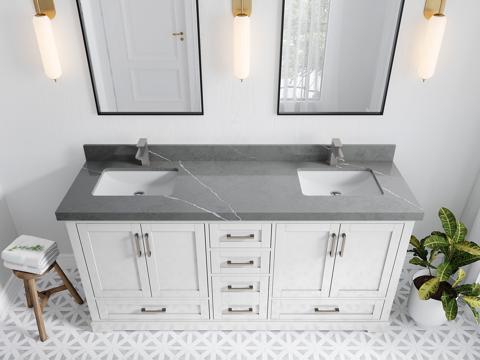 Boston 72 in. W x 22 in. D Double Sink Bathroom Vanity in White with 2 in Piatra Gray Quartz Countertop - Top View