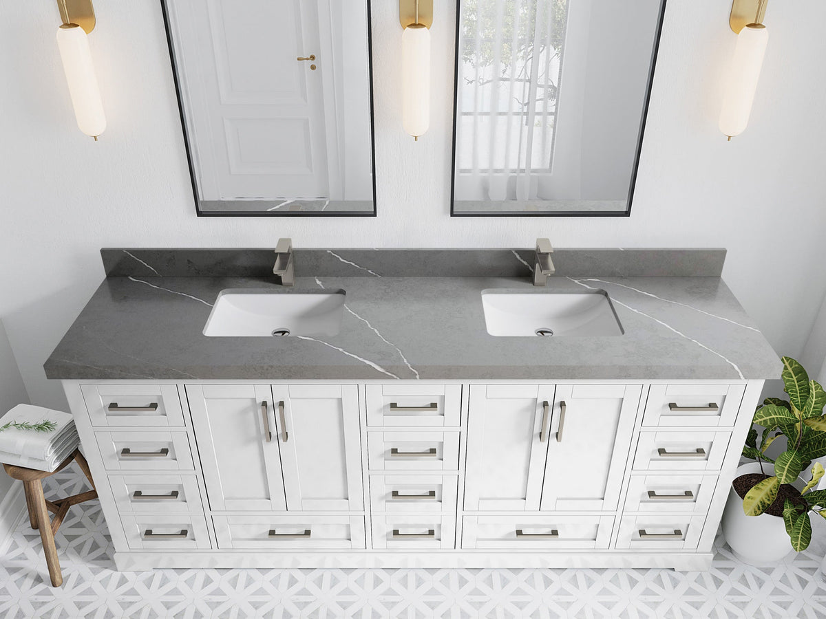 Boston 84 in. W x 22 in. D Double Sink Bathroom Vanity in White with 2 in Piatra Gray Quartz Countertop - Top View