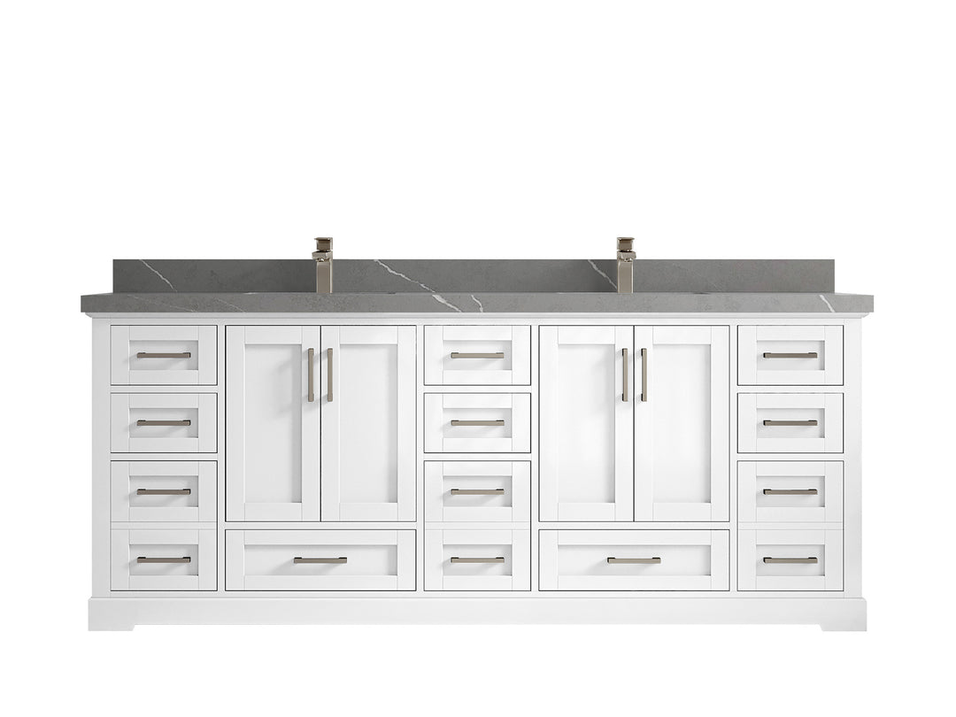 Boston 84 in. W x 22 in. D Double Sink Bathroom Vanity in White with 2 in Piatra Gray Quartz Countertop