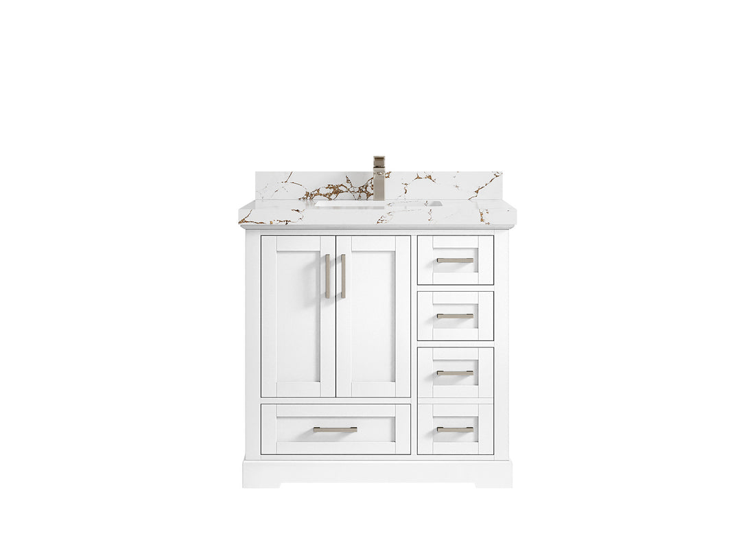 Boston 36 in. W x 22 in. D Single Sink Bathroom Vanity in White with 2 in Viola Brown Quartz Countertop