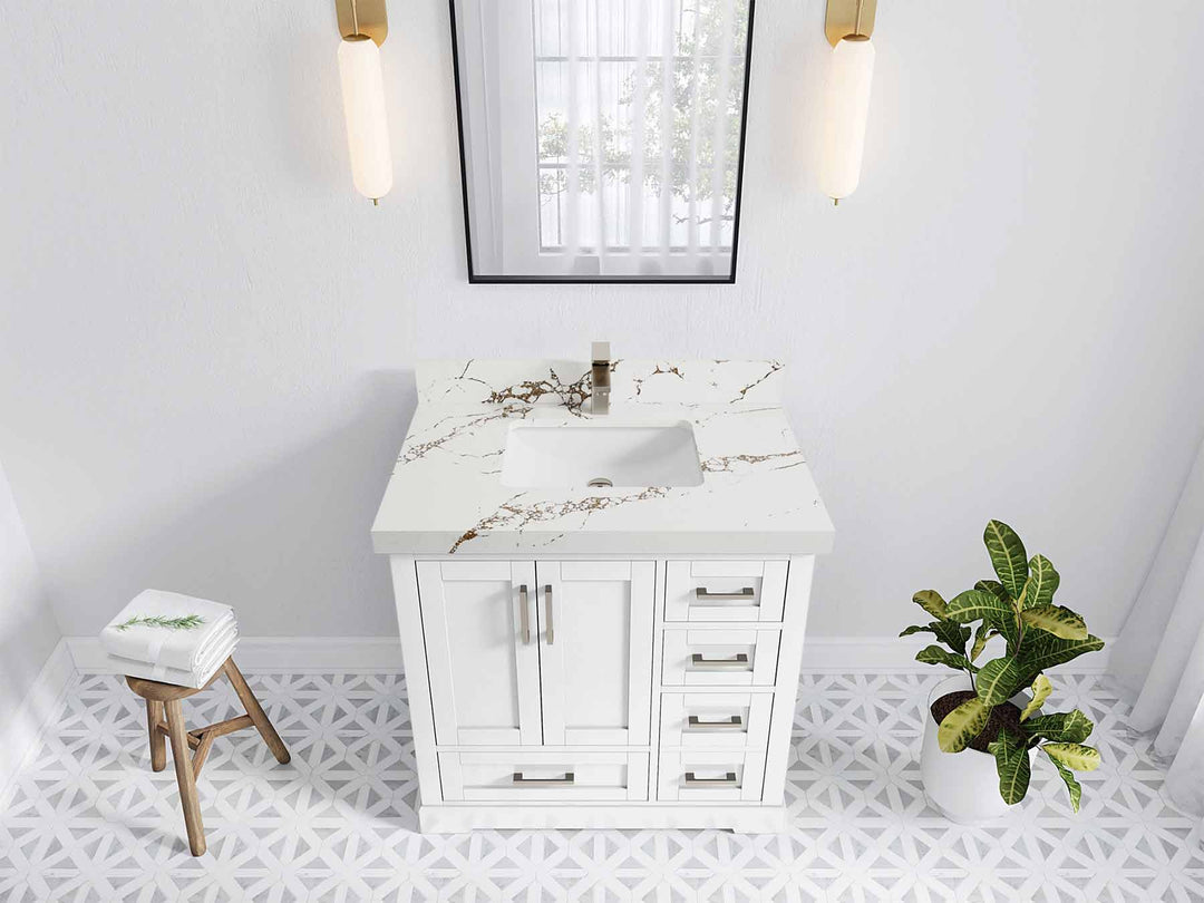 Boston 36 in. W x 22 in. D Single Sink Bathroom Vanity in White with 2 in Viola Brown Quartz Countertop - Top View