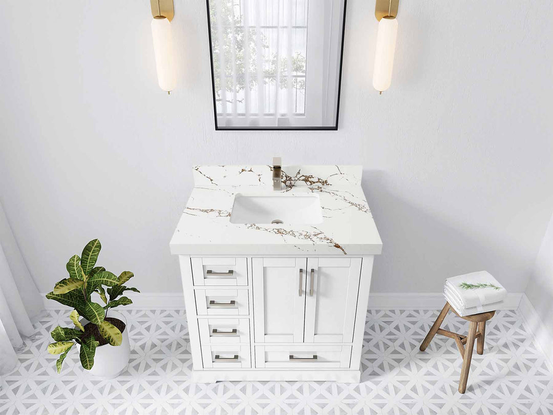 Boston 36 in. W x 22 in. D Single Sink Bathroom Vanity in White with 2 in Viola Brown Quartz Countertop - Top View