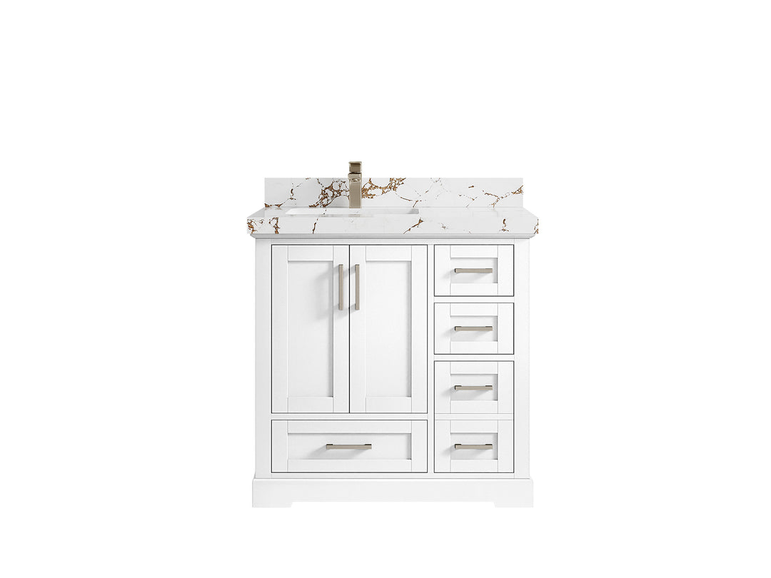 Boston 36 in. W x 22 in. D Single Sink Bathroom Vanity in White with 2 in Viola Brown Quartz Countertop