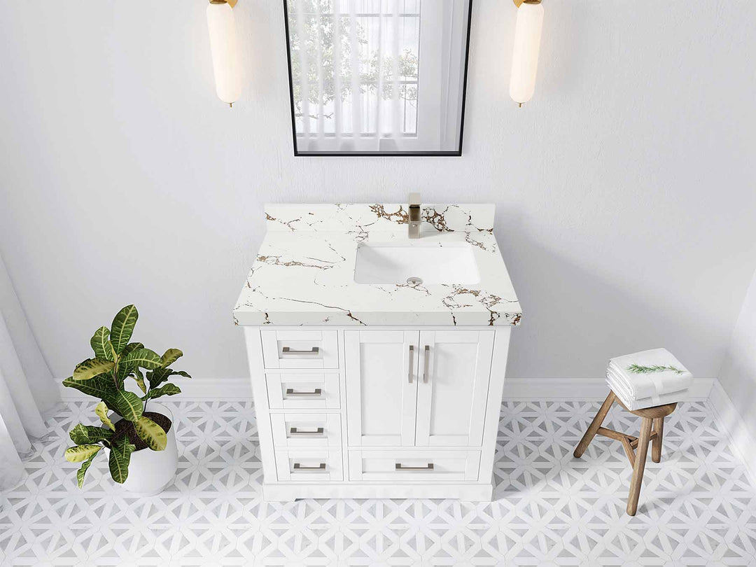 Boston 36 in. W x 22 in. D Single Sink Bathroom Vanity in White with 2 in Viola Brown Quartz Countertop - Top View