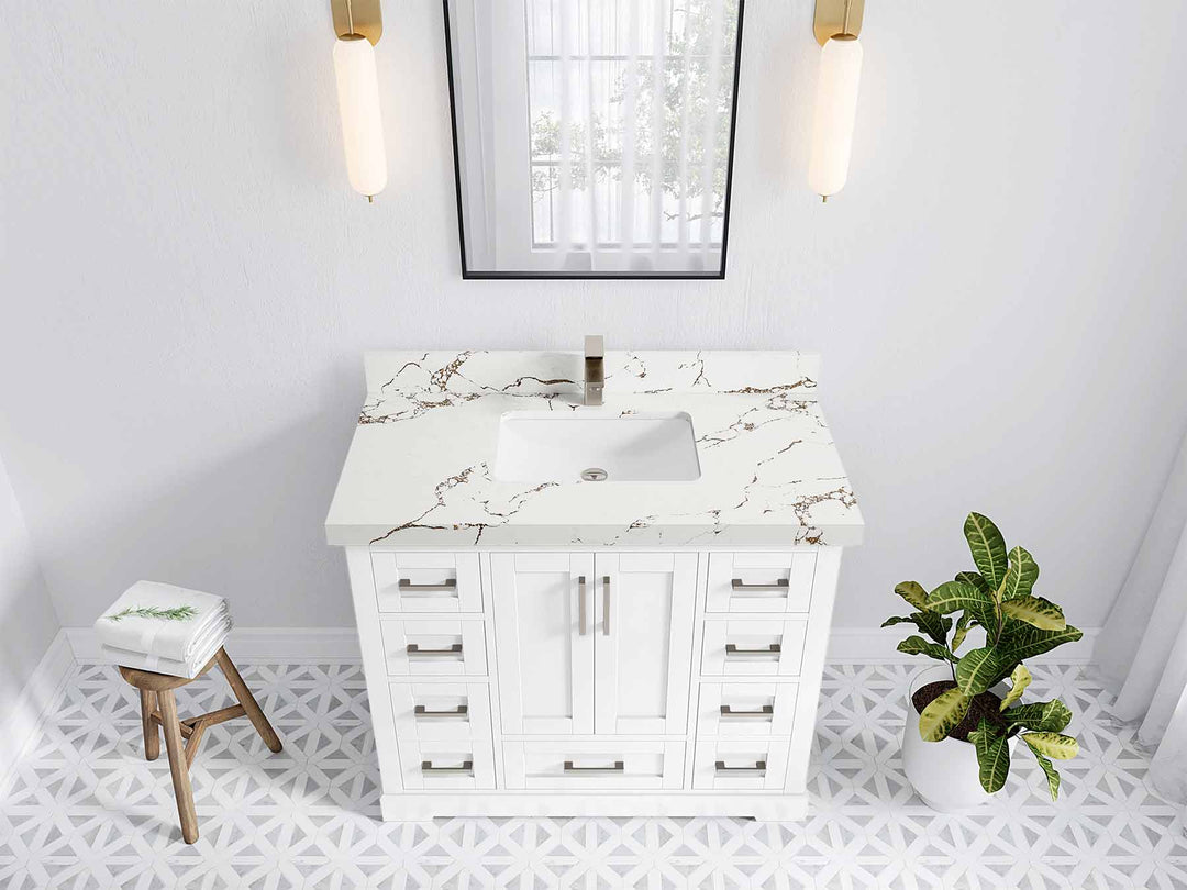 Boston 42 in. W x 22 in. D Single Sink Bathroom Vanity in White with 2 in Viola Brown Quartz Countertop - Top View