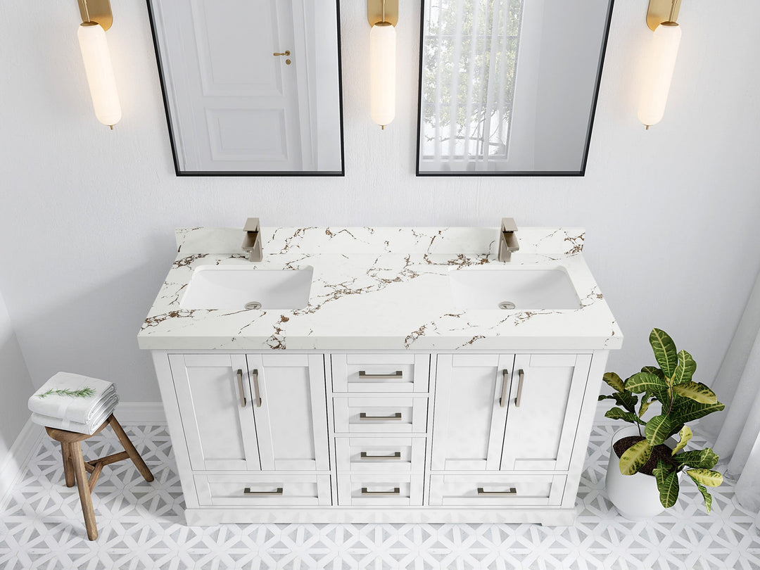 Boston 60 in. W x 22 in. D Double Sink Bathroom Vanity in White with 2 in Viola Brown Quartz Countertop - Top View