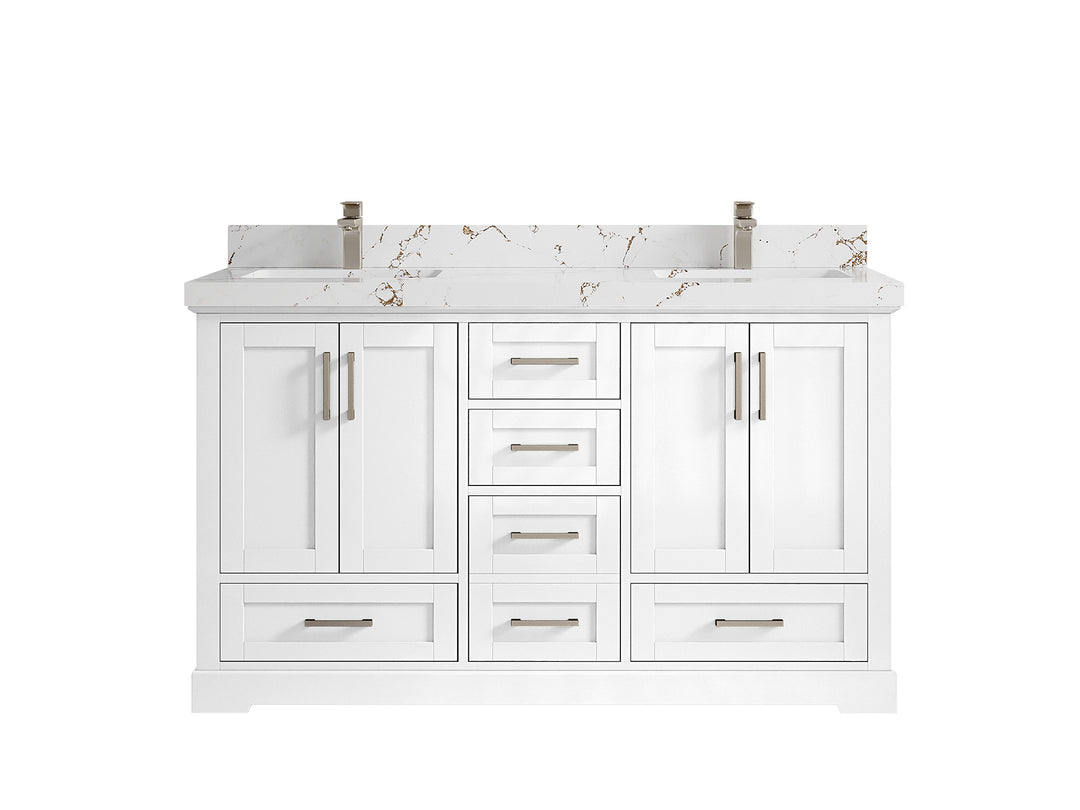 Boston 60 in. W x 22 in. D Double Sink Bathroom Vanity in White with 2 in Viola Brown Quartz Countertop