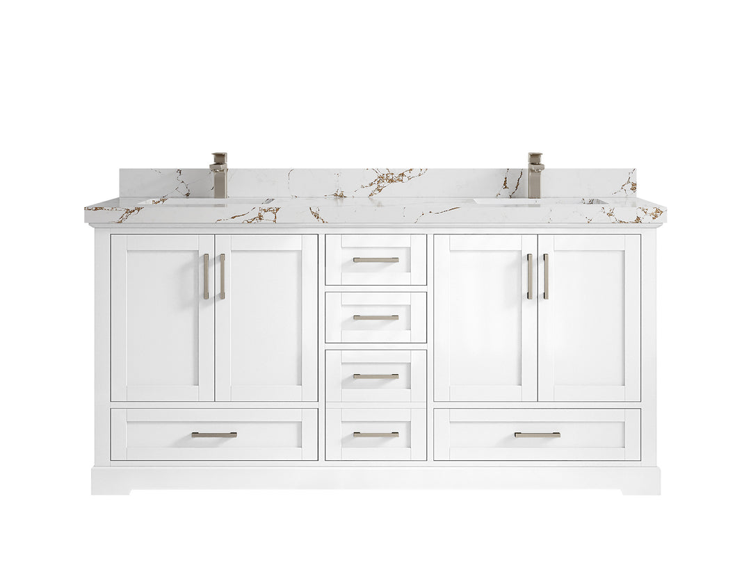 Boston 72 in. W x 22 in. D Double Sink Bathroom Vanity in White with 2 in Viola Brown Quartz Countertop