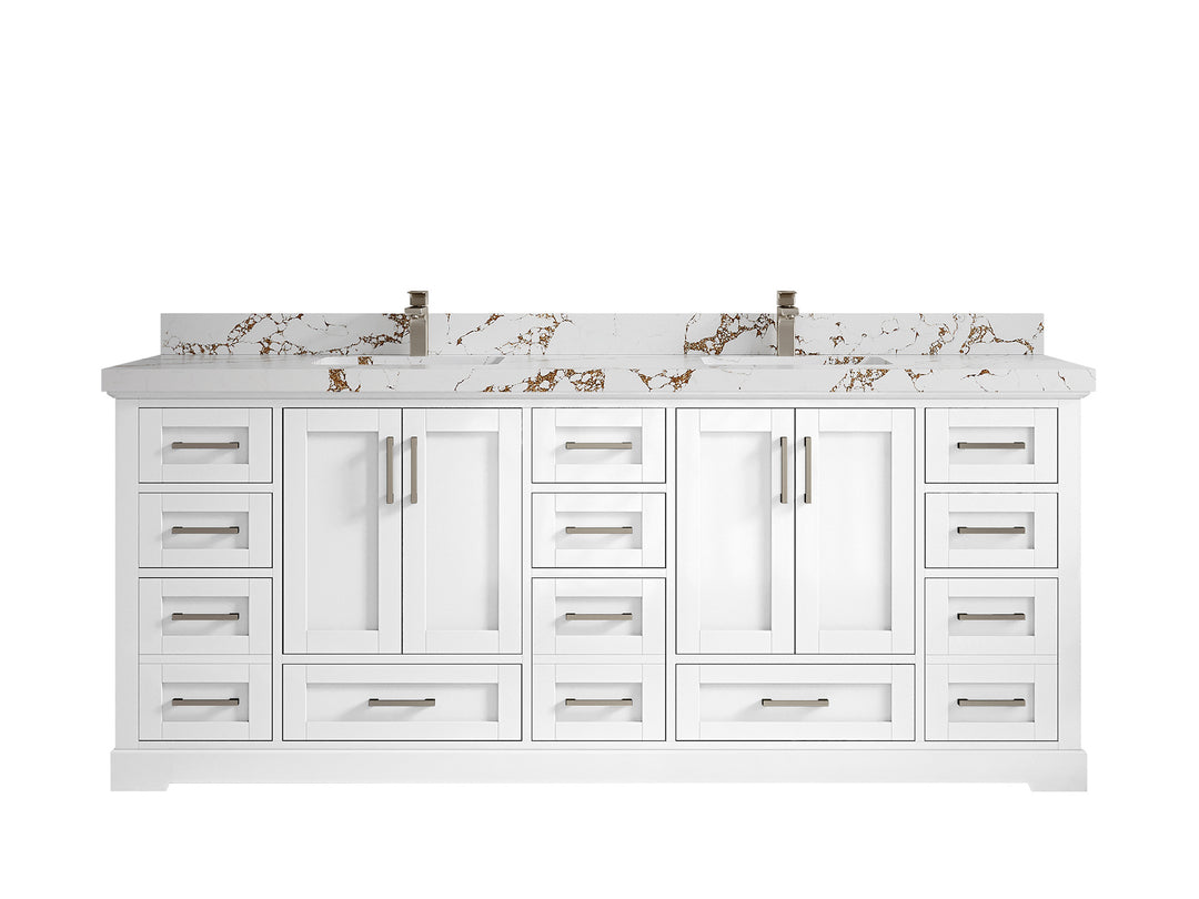 Boston 84 in. W x 22 in. D Double Sink Bathroom Vanity in White with 2 in Viola Brown Quartz Countertop
