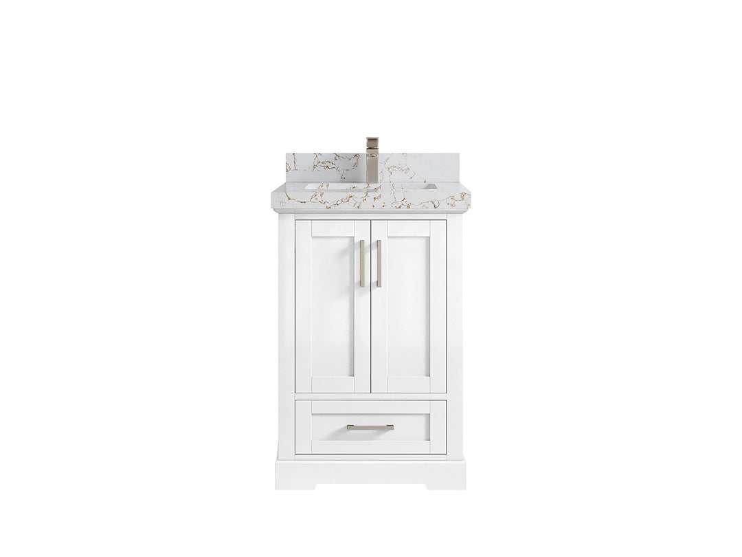 Boston 24 in. W x 22 in. D Single Sink Bathroom Vanity in White with 2 in Viola Gold Quartz Countertop