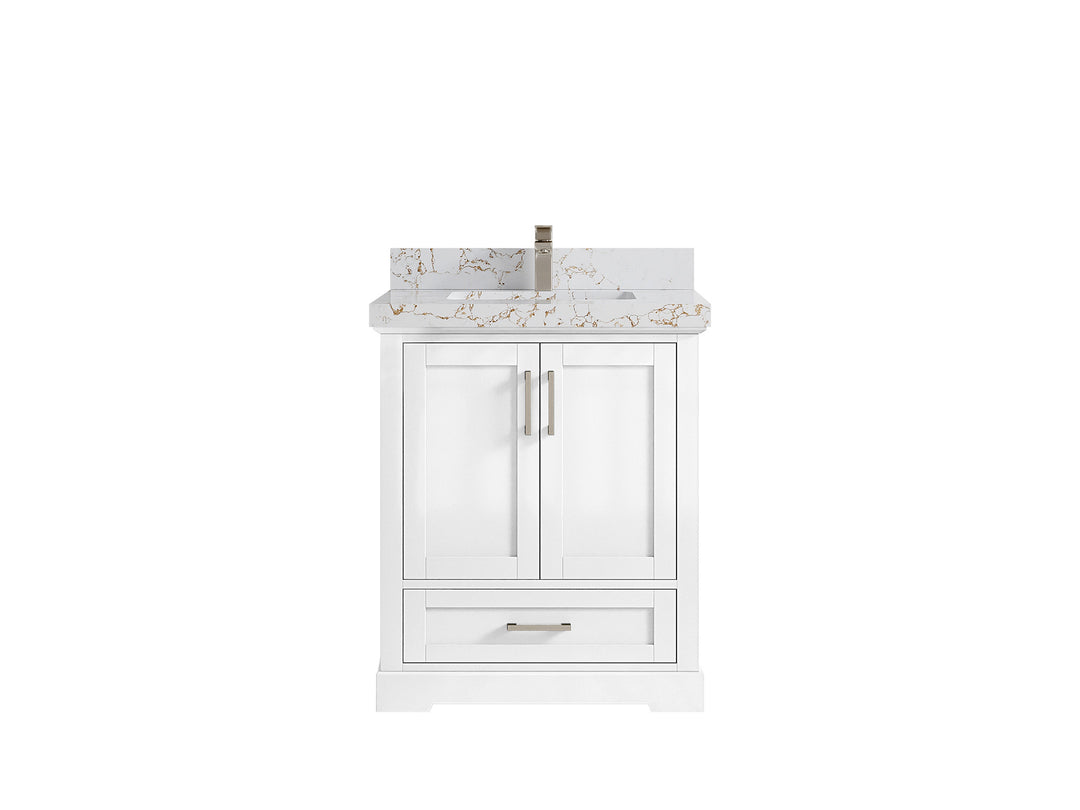 Boston 30 in. W x 22 in. D Single Sink Bathroom Vanity in White with 2 in Viola Gold Quartz Countertop