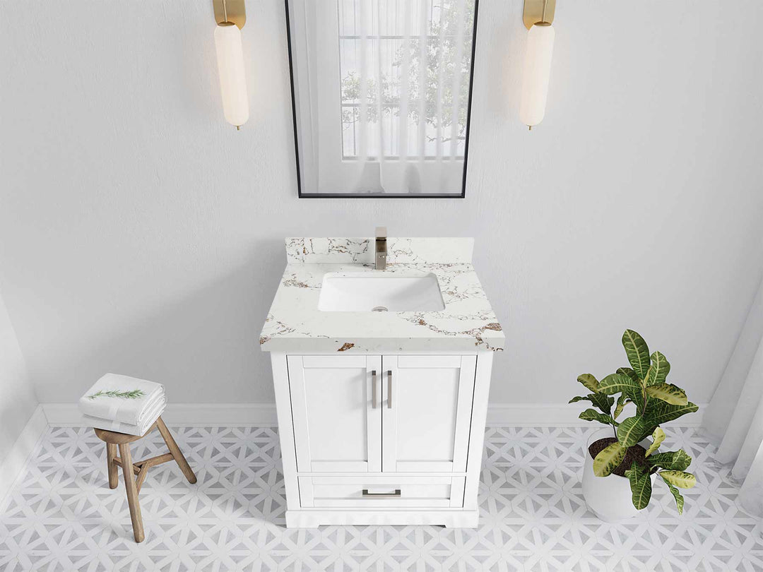 Boston 30 in. W x 22 in. D Single Sink Bathroom Vanity in White with 2 in Viola Gold Quartz Countertop - Top View