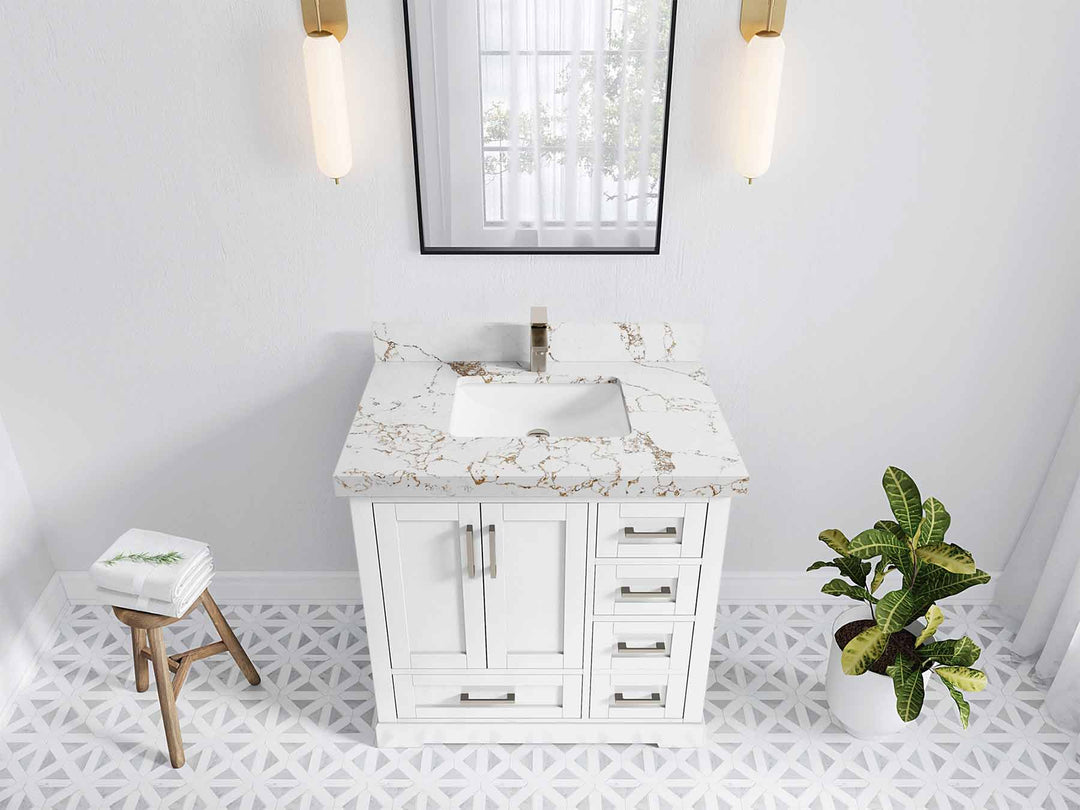 Boston 36 in. W x 22 in. D Single Sink Bathroom Vanity in White with 2 in Viola Gold Quartz Countertop - Top View