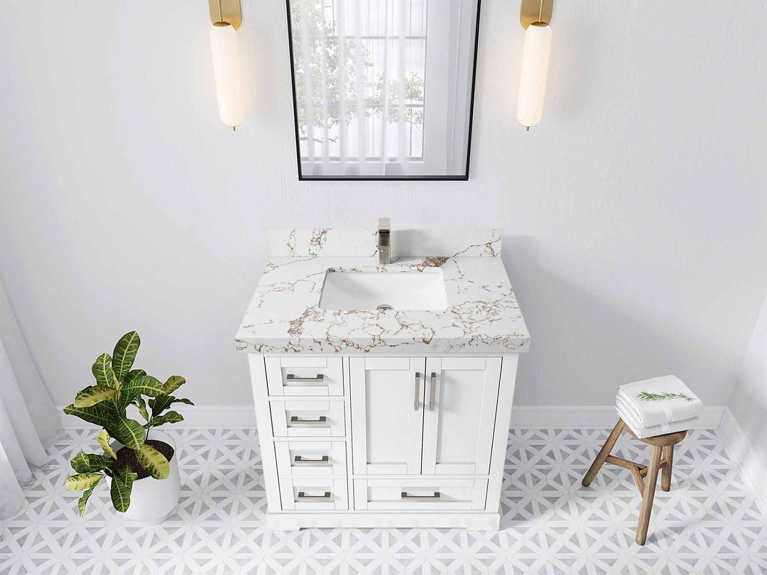 Boston 36 in. W x 22 in. D Single Sink Bathroom Vanity in White with 2 in Viola Gold Quartz Countertop - Top View