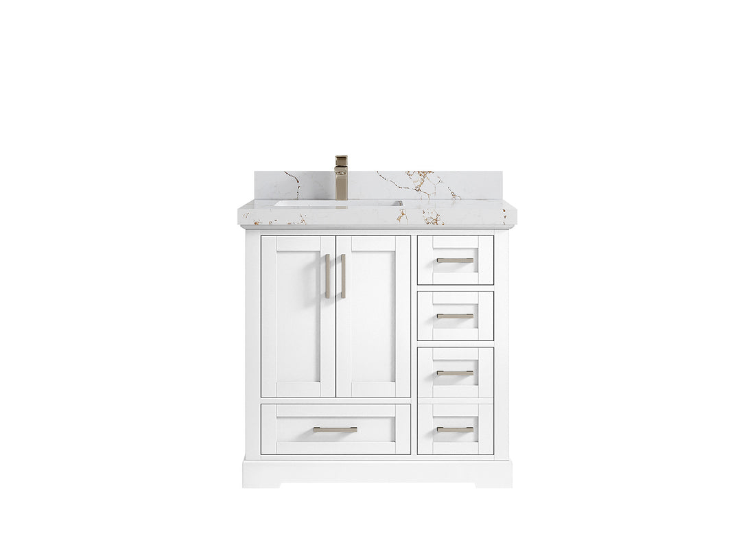 Boston 36 in. W x 22 in. D Single Sink Bathroom Vanity in White with 2 in Viola Gold Quartz Countertop