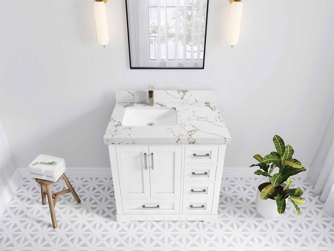 Boston 36 in. W x 22 in. D Single Sink Bathroom Vanity in White with 2 in Viola Gold Quartz Countertop - Top View