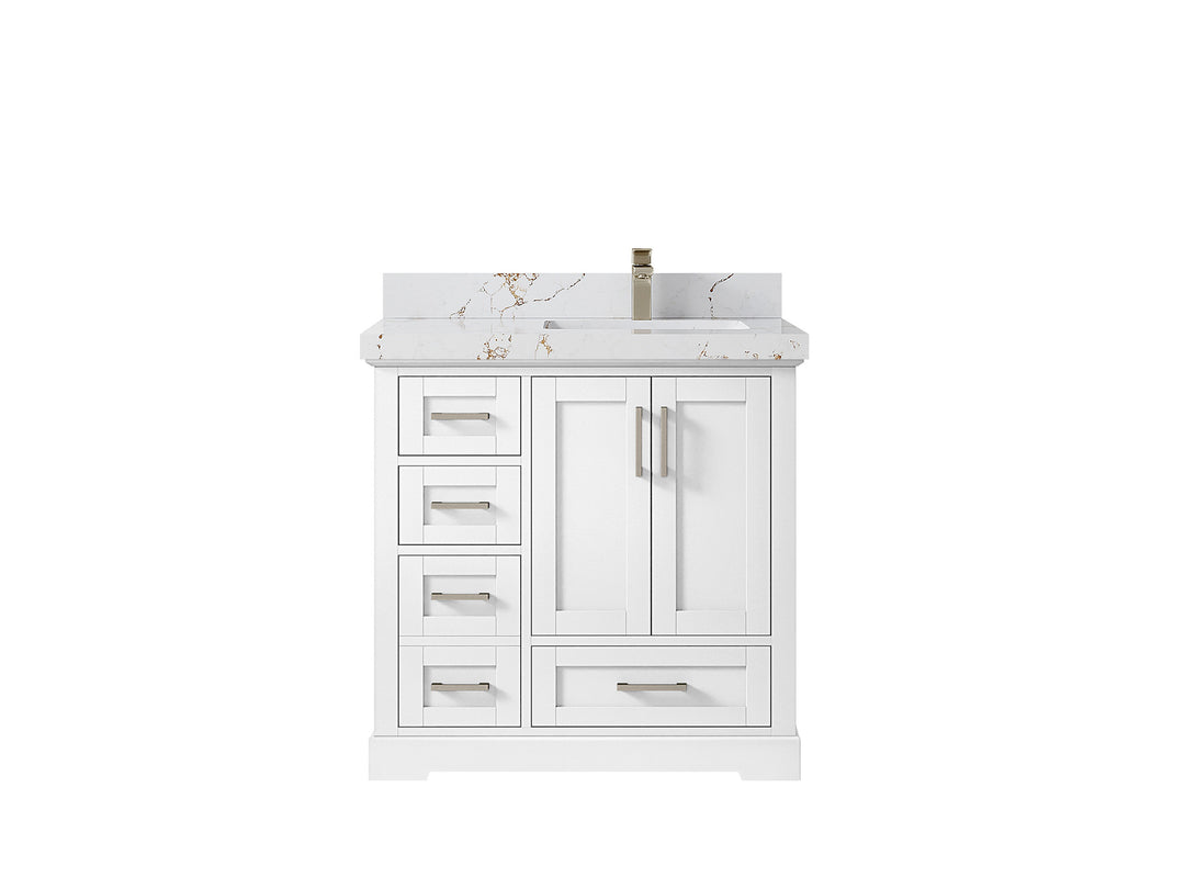 Boston 36 in. W x 22 in. D Single Sink Bathroom Vanity in White with 2 in Viola Gold Quartz Countertop