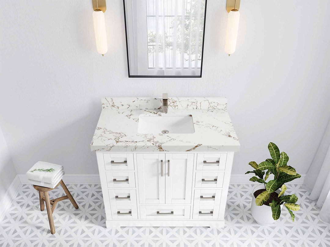 Boston 42 in. W x 22 in. D Single Sink Bathroom Vanity in White with 2 in Viola Gold Quartz Countertop - Top View