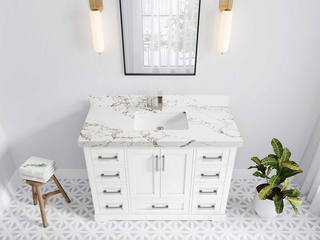 Boston 48 in. W x 22 in. D Single Sink Bathroom Vanity in White with 2 in Viola Gold Quartz Countertop - Top View