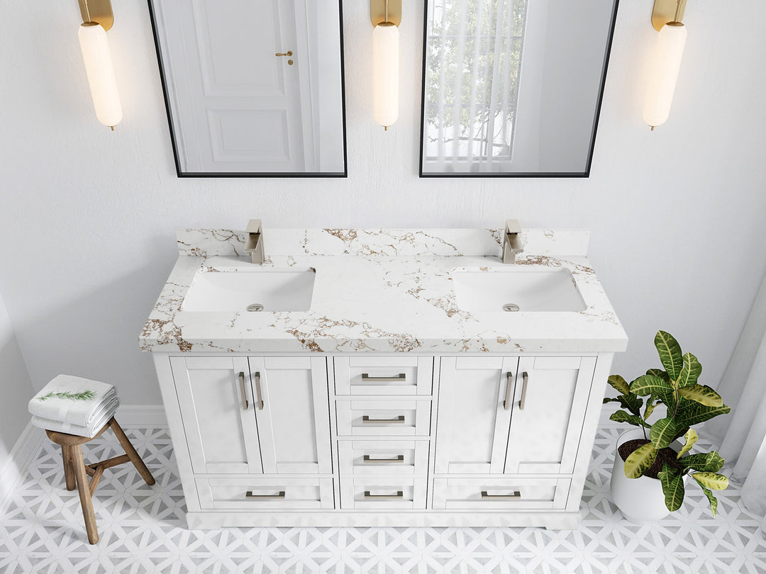 Boston 60 in. W x 22 in. D Double Sink Bathroom Vanity in White with 2 in Viola Gold Quartz Countertop - Top View