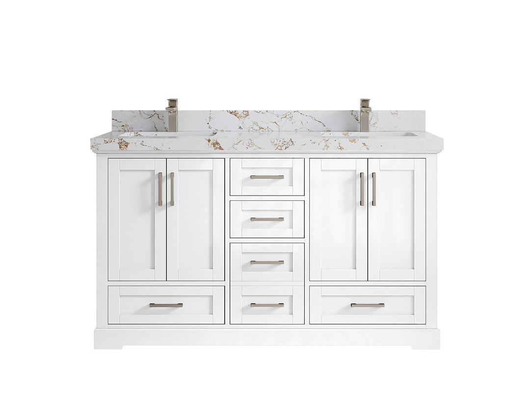 Boston 60 in. W x 22 in. D Double Sink Bathroom Vanity in White with 2 in Viola Gold Quartz Countertop
