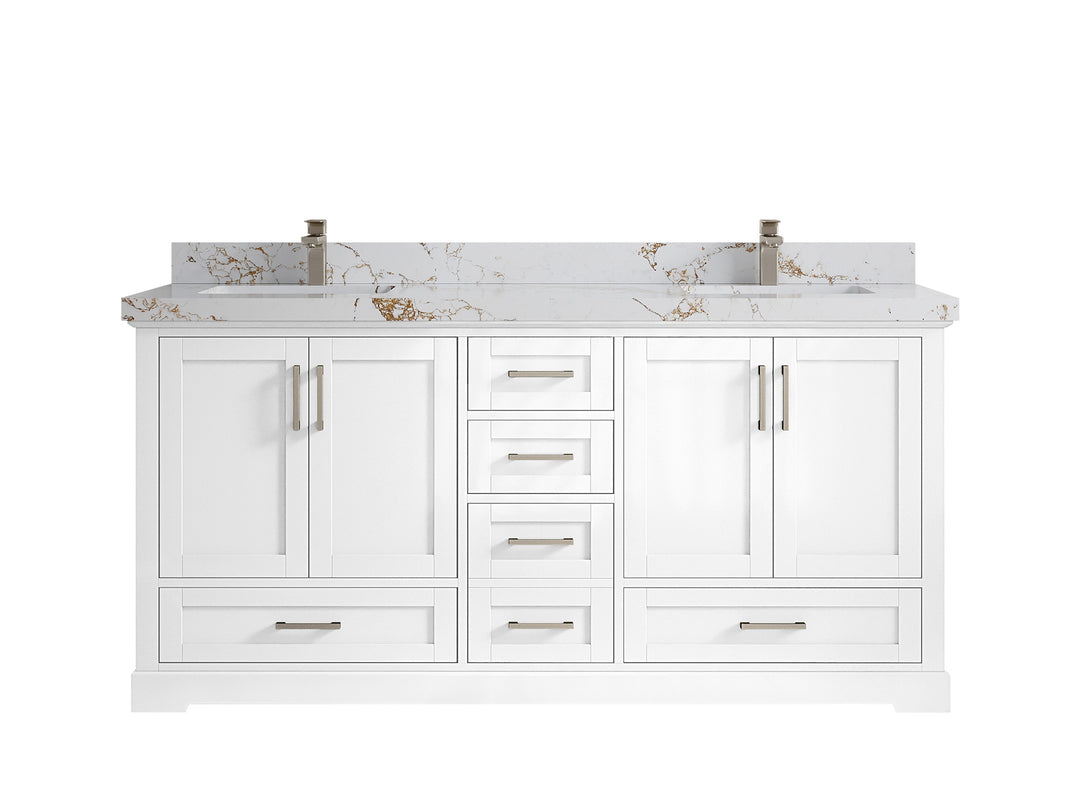Boston 72 in. W x 22 in. D Double Sink Bathroom Vanity in White with 2 in Viola Gold Quartz Countertop