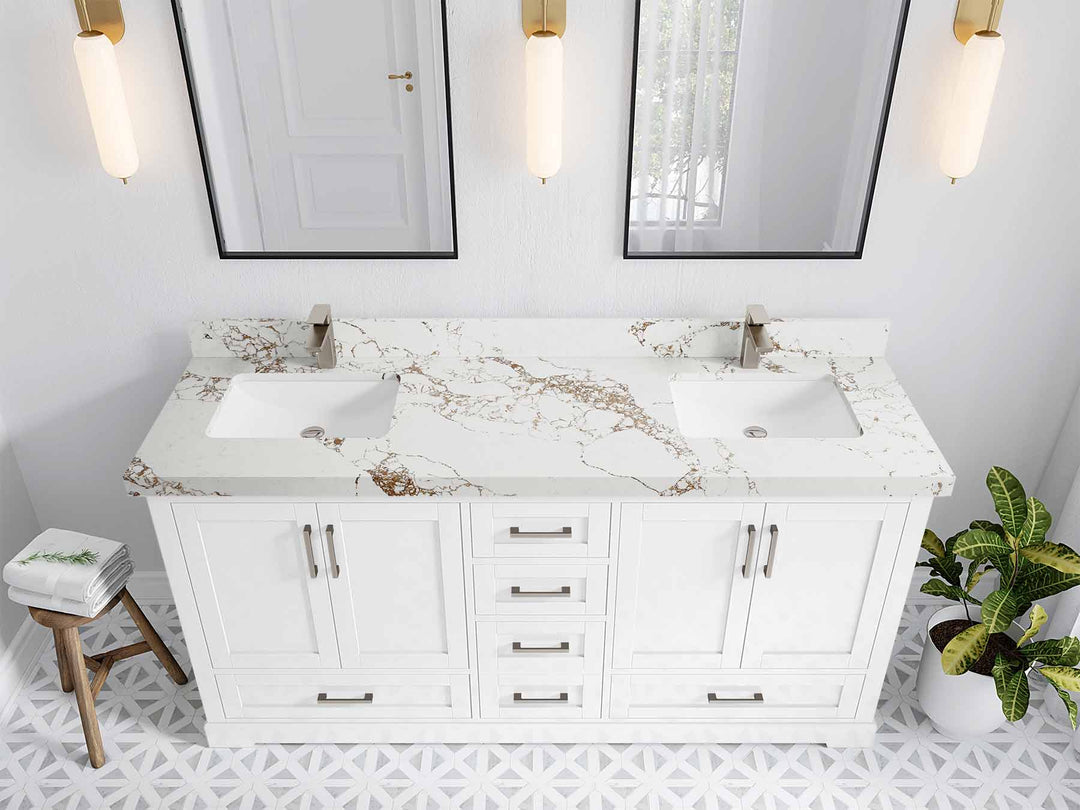 Boston 72 in. W x 22 in. D Double Sink Bathroom Vanity in White with 2 in Viola Gold Quartz Countertop - Top View