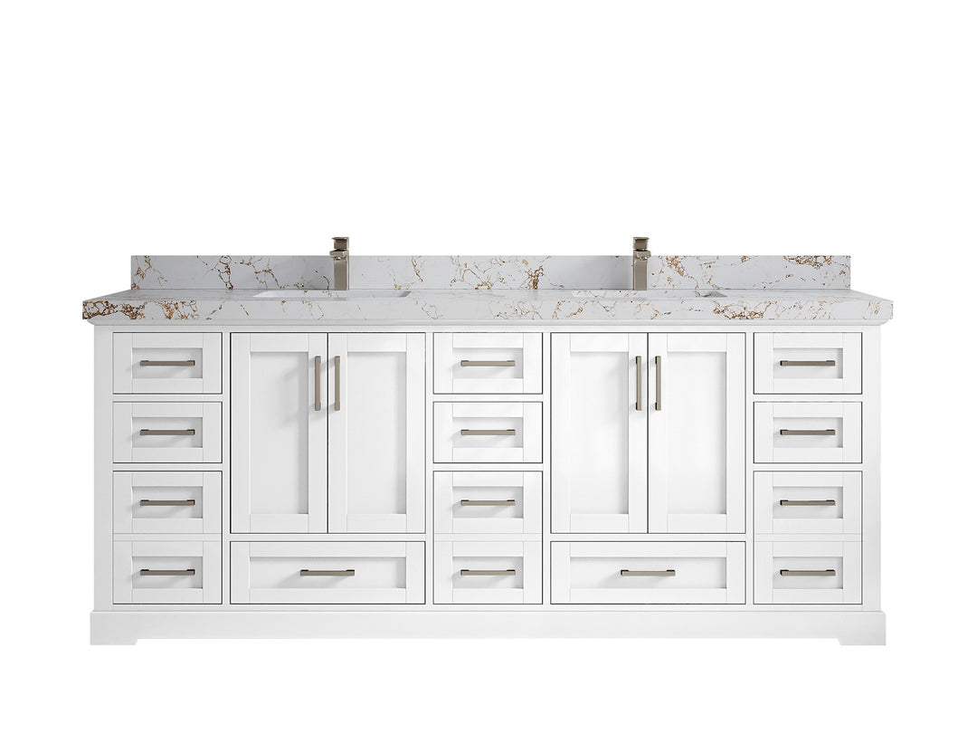 Boston 84 in. W x 22 in. D Double Sink Bathroom Vanity in White with 2 in Viola Gold Quartz Countertop