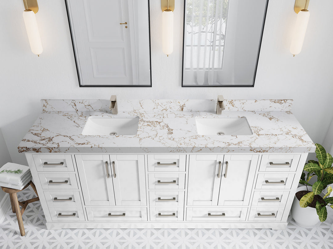 Boston 84 in. W x 22 in. D Double Sink Bathroom Vanity in White with 2 in Viola Gold Quartz Countertop - Top View