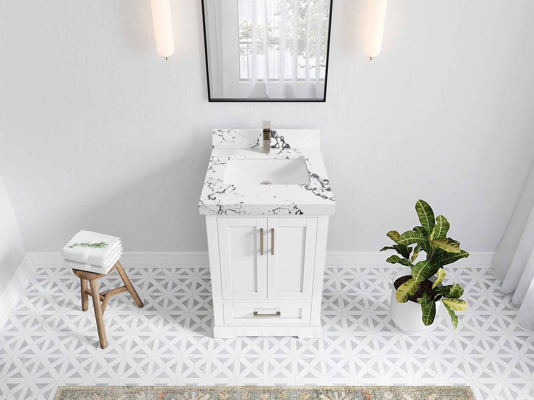 Boston 24 in. W x 22 in. D Single Sink Bathroom Vanity in White with 2 in Viola Night Quartz Countertop - Top View