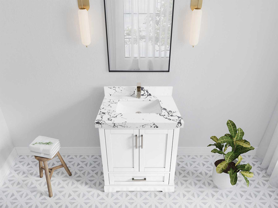 Boston 30 in. W x 22 in. D Single Sink Bathroom Vanity in White with 2 in Viola Night Quartz Countertop - Top View