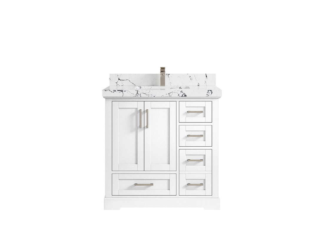 Boston 36 in. W x 22 in. D Single Sink Bathroom Vanity in White with 2 in Viola Night Quartz Countertop