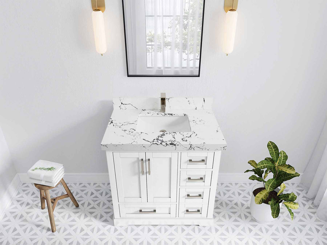 Boston 36 in. W x 22 in. D Single Sink Bathroom Vanity in White with 2 in Viola Night Quartz Countertop - Top View