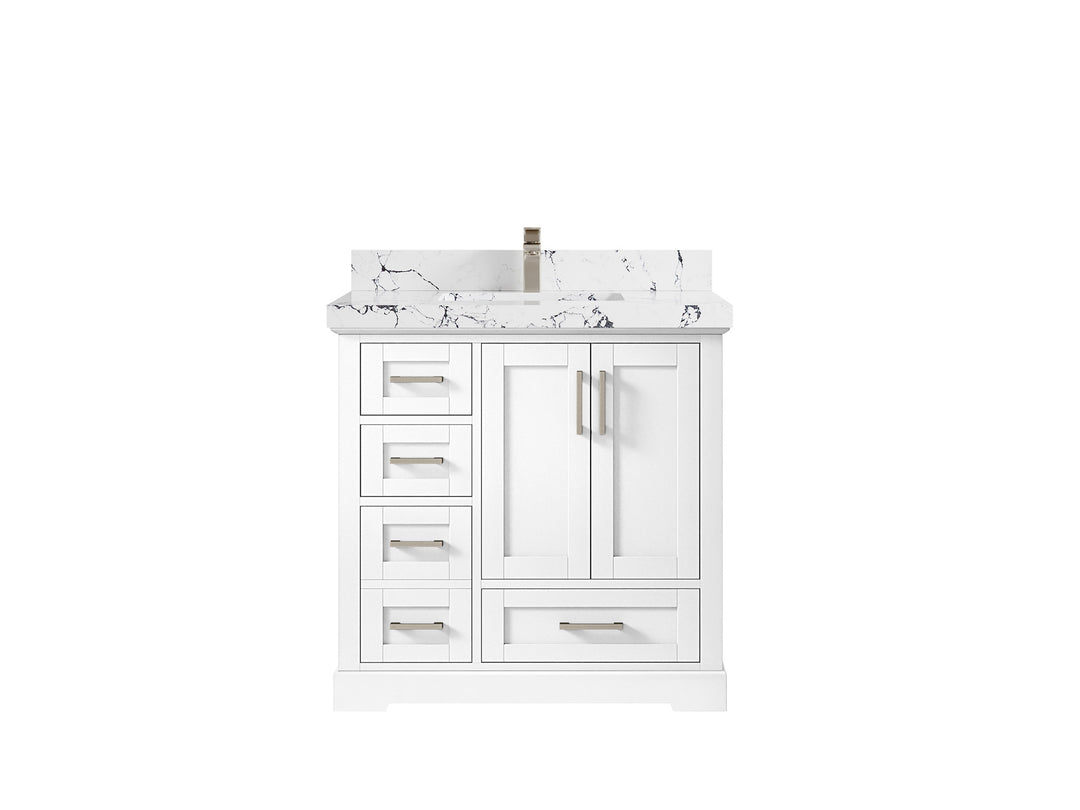 Boston 36 in. W x 22 in. D Single Sink Bathroom Vanity in White with 2 in Viola Night Quartz Countertop