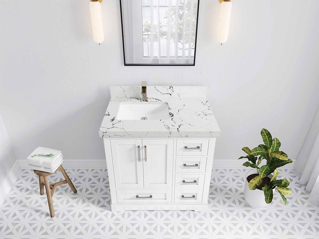 Boston 36 in. W x 22 in. D Single Sink Bathroom Vanity in White with 2 in Viola Night Quartz Countertop - Top View