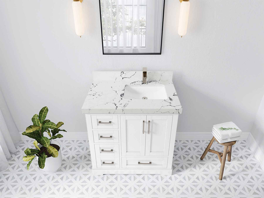 Boston 36 in. W x 22 in. D Single Sink Bathroom Vanity in White with 2 in Viola Night Quartz Countertop - Top View