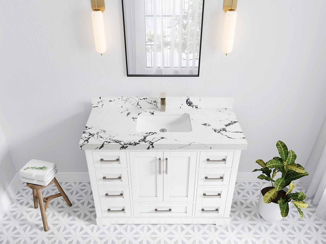 Boston 48 in. W x 22 in. D Single Sink Bathroom Vanity in White with 2 in Viola Night Quartz Countertop - Top View