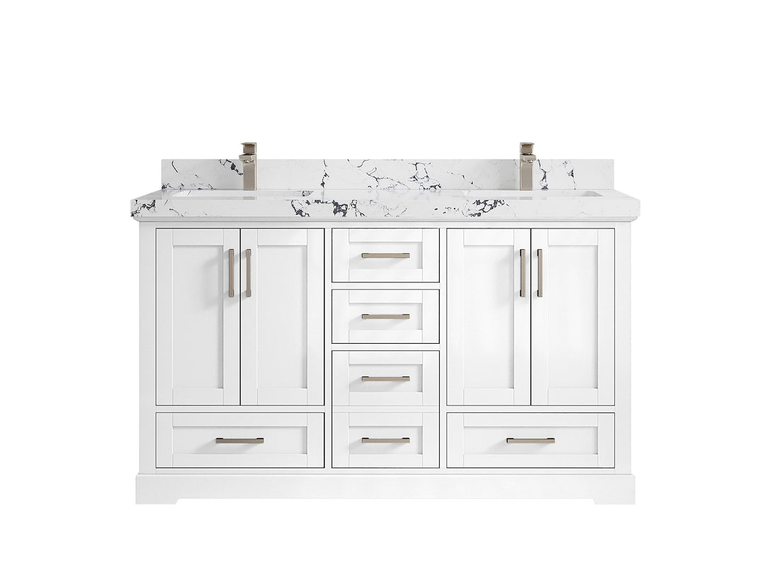Boston 60 in. W x 22 in. D Double Sink Bathroom Vanity in White with 2 in Viola Night Quartz Countertop