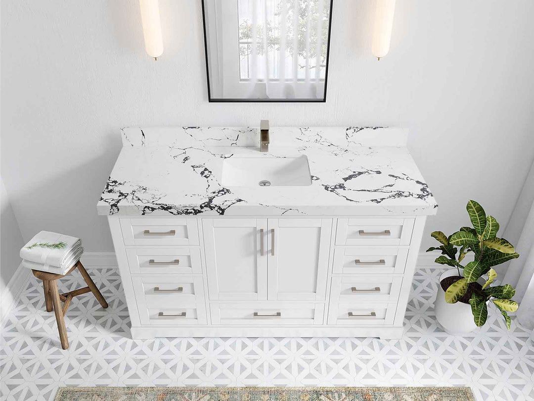 Boston 60 in. W x 22 in. D Single Sink Bathroom Vanity in White with 2 in Viola Night Quartz Countertop - Top View