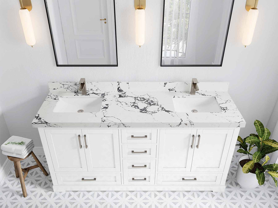 Boston 72 in. W x 22 in. D Double Sink Bathroom Vanity in White with 2 in Viola Night Quartz Countertop - Top View