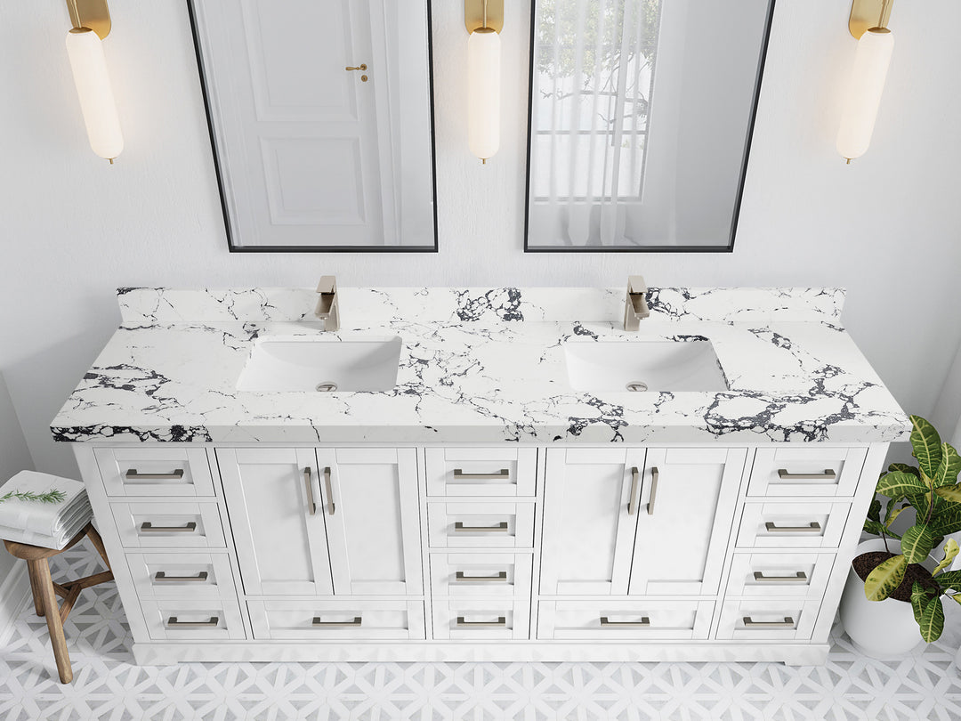 Boston 84 in. W x 22 in. D Double Sink Bathroom Vanity in White with 2 in Viola Night Quartz Countertop - Top View