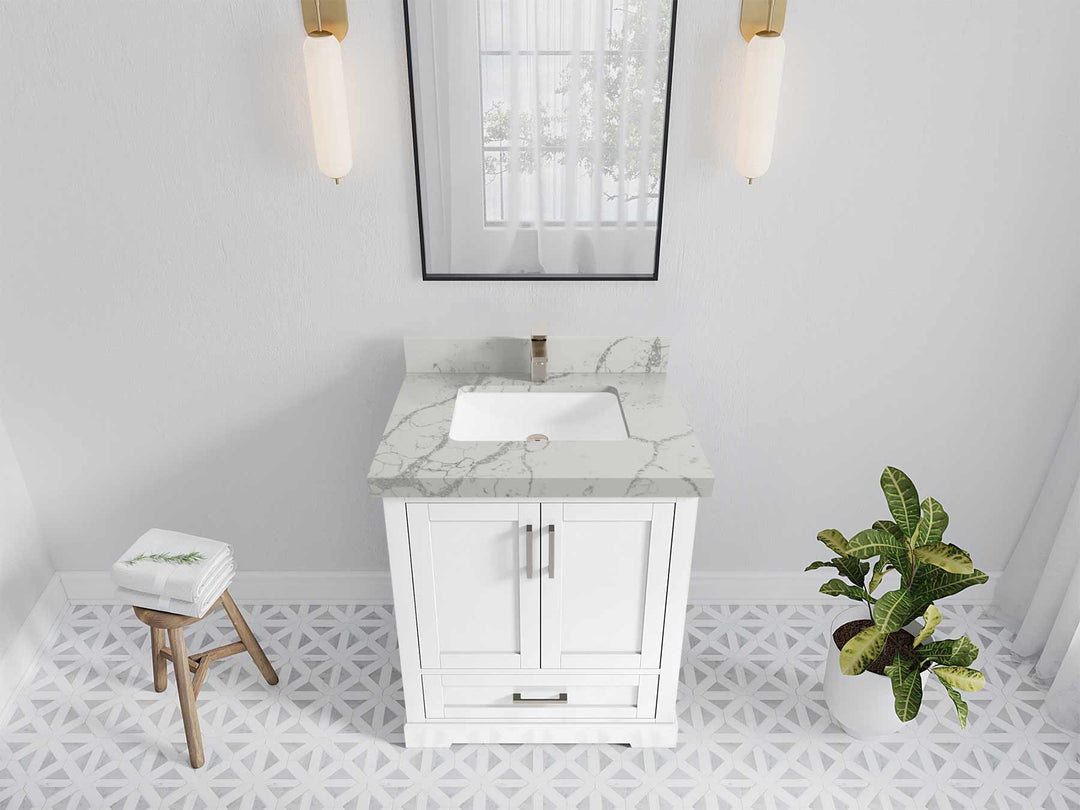 Boston 30 in. W x 22 in. D Single Sink Bathroom Vanity in White with 2 in Venatino Quartz Countertop - Top View