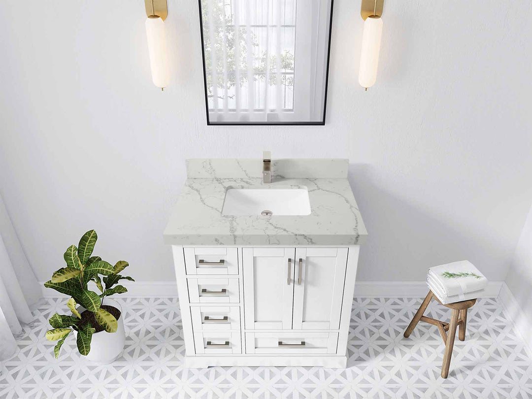 Boston 36 in. W x 22 in. D Single Sink Bathroom Vanity in White with 2 in Venatino Quartz Countertop - Top View