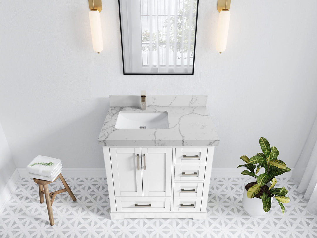Boston 36 in. W x 22 in. D Single Sink Bathroom Vanity in White with 2 in Venatino Quartz Countertop - Top View