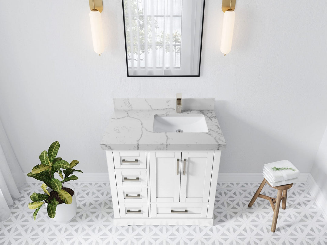 Boston 36 in. W x 22 in. D Single Sink Bathroom Vanity in White with 2 in Venatino Quartz Countertop - Top View