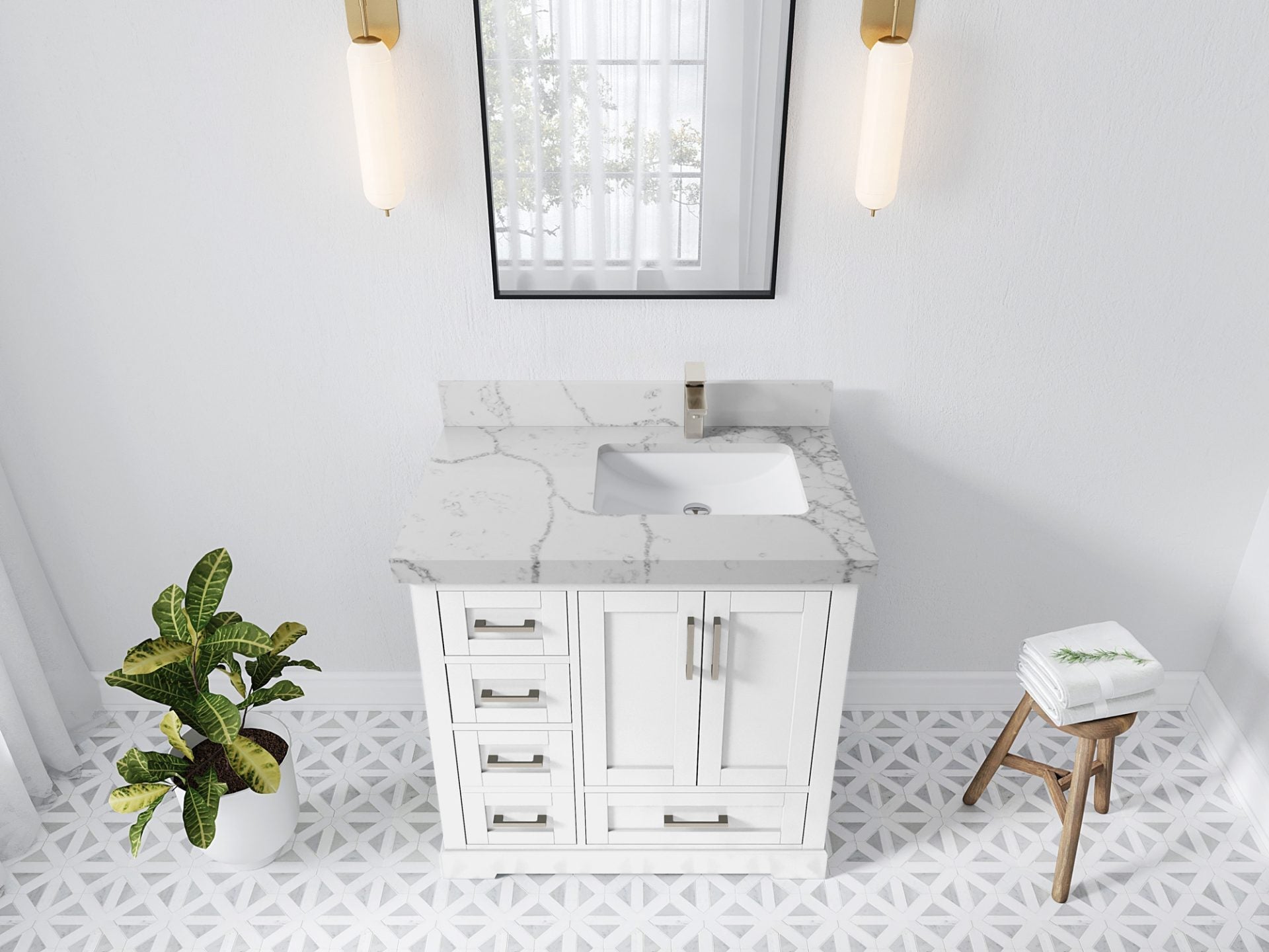 Boston 36 in. W x 22 in. D Single Sink Bathroom Vanity in White with 2 in Venatino Quartz Countertop - Top View