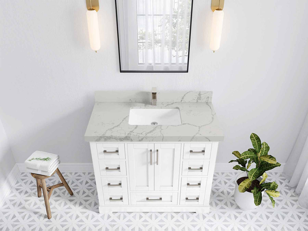 Boston 42 in. W x 22 in. D Single Sink Bathroom Vanity in White with 2 in Venatino Quartz Countertop - Top View