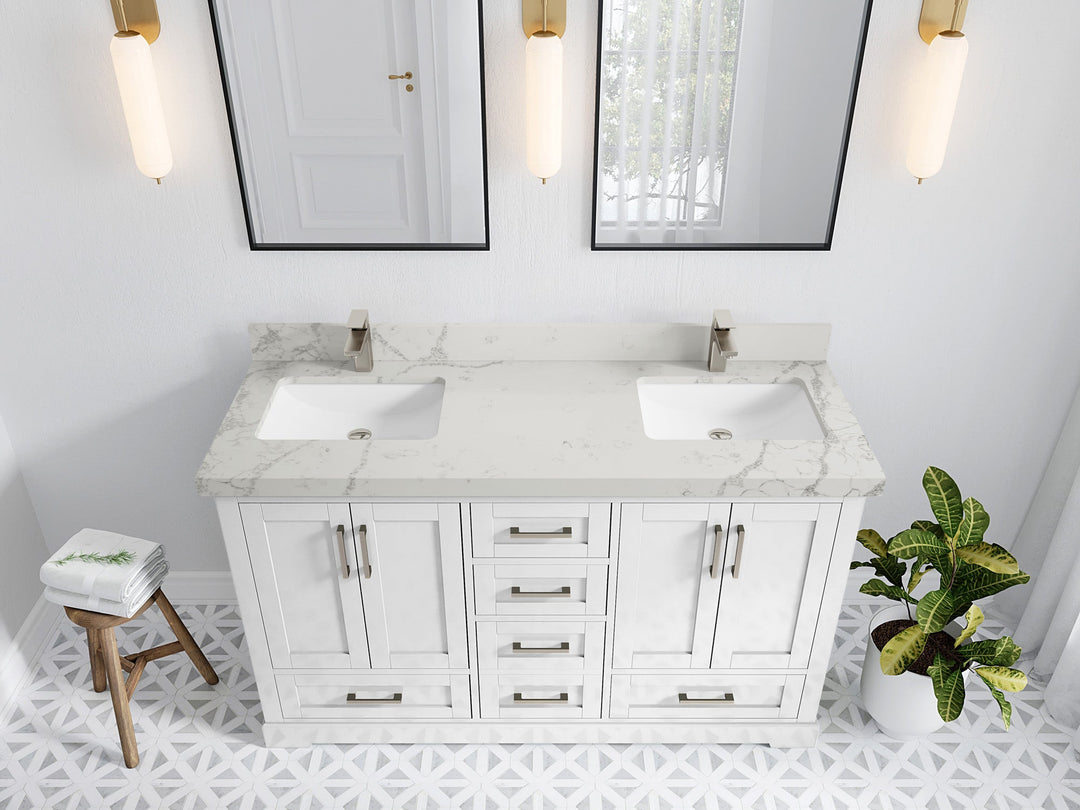 Boston 60 in. W x 22 in. D Double Sink Bathroom Vanity in White with 2 in Venatino Quartz Countertop - Top View